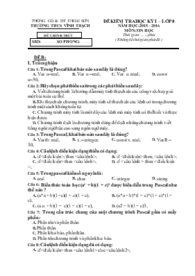 Đề kiểm tra học kỳ I  Lớp 8 năm học 2015  2016 môn Tin Hoc